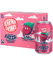  Karma Drinks Organic Razza<br>Pink Lemonade Cans... 330ML Razza, our organic punky pink raspberry lemonade is fruity, fizzy and Fairtrade, and perfect for a feel-good moment of delicious refreshment. He gets his bold and brilliant flavour from a mix of natural raspberry flavour, lemon juice and Fairtrade organic cane sugar - so he tastes good and does good too. Plus money from every Razza sold goes to the Karma Foundation in Sierra Leone, supporting our growers with life changing initiatives. Now that’s a sweet deal.