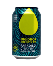 Big Drop Brewing Co.<br>Paradiso Citra Ipa... 355ML Big Drop Paradiso Citra IPA is a bright, citrus-driven alcohol-free IPA bursting with grapefruit, lemon and tropical hop notes. A light malt backbone adds balance before finishing crisp and refreshing. Brewed using Big Drop’s specialist low-alcohol process, it delivers bold hop flavour and clean bitterness while remaining light and easy to enjoy.