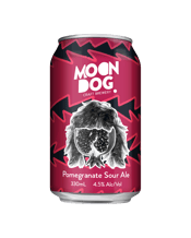  Moon Dog Pomegranate Sour<br>Ale 330ml  330mL The Magnificent Mullet fruited sours series is getting even more magnificent with this latest addition! Jom Pom Jovi Pomegranate Sour Ale is bursting with slightly sweet & slightly sour pomegranate! The flavour is short and tart upfront, but long, pomegranate-y and a real party at the back, a little bit like Bon Jovi's ripping mullet in the 80s.