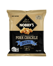  Nobby's Pork Crackle<br>Original 25g  25G Prepared in the traditional way, this Original Pork Crackle is guaranteed to be crisp and tasty and made of real pork rind. When you want quality Pork Crackle, whether it be relaxing on your own, entertaining friends or having a beer at the pub with your mates, it's always a great time to whip out Nobby's classic Pork Crackle. Our range has something for everyone, including Nobby’s peanuts, cashews, beer nuts and mixed nuts, as well as Nobby’s Beef Jerky.