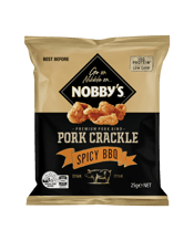 Nobby's Nobbys Pork Crackle<br>Spicy Bbq 25g  25g Prepared in the traditional way, this Spicy BBQ Pork Crackle is guaranteed to be crisp and tasty and made of real pork rind seasoned with exotic spices. When you want quality Pork Crackle, whether it be relaxing on your own, entertaining friends or having a beer at the pub with your mates, it's always a great time to whip out Nobby's Spicy BBQ Pork Crackle. Our range has something for everyone, including Nobby’s peanuts, cashews, beer nuts and mixed nuts, as well as Nobby’s Beef Jerky.