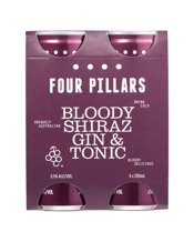  Four Pillars Bloody Shiraz<br>Gin & Tonic 250ml  250ML Cult-favourite Bloody Shiraz Gin has found its newest home – in a can. To maintain full flavour while keeping the serve to one standard drink, Four Pillars distilled a special super botanical gin to use as the base. A bespoke tonic was also<br />crafted from scratch to complement the natural sweetness and spice, plus added lemon so it tastes like you’ve garnished your G&T with a slice of fresh lemon.