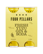  Four Pillars Fresh Yuzu Gin<br>& Soda 250ml  250ML Four Pillars Fresh Yuzu Gin and Soda is a light and bright alternative to a Gin and Tonic. Fresh Yuzu Gin is bright, light, fresh, and best enjoyed in a Highball with soda. So they made just that in a canned version, keeping it to one standard drink that packs a flavour punch by distilling a hyper-concentrated version of Fresh Yuzu Gin. On top of the soda, they dialled up the yuzu flavour so it tastes like you’ve garnished your drink with a slice of fresh citrussy yuzu.