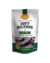  D.jay's Soft Biltong Mild<br>Pepper 120g  120g A fine woody flavour that gives an already exceptional biltong that little bit extra. Like a fine Scotch, D.Jay's Mild Pepper biltong has a delicious complex taste that reveals more with every bite.