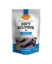 D.jay's Soft Biltong<br>Traditional 120g  120g Pure, perfect, unadulterated, mouth-watering biltong made from the highest quality Australian beef. D.Jay's Traditional Soft Biltong is exceptional and simply perfect really.