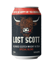  Lost Scott Whisky & Cola<br>6.5% Cans 375ml  375ML Aye. It sure is a blended scotch whisky and cola in a can yer eyeing. We call this wee drop the lost scott, named after the highland bull, scott, who is now to be found wandering far from the bonnie hills and glens from where he grew up. As lost as he may be, legend has it that if ye hold this can up to yer ear ye can hear the Scottish wilds and indeed the blended scotch whisky inside. But gonnae no dae that, for that is a terrible way to enjoy our crackin' blended scotch whisky and cola. Beyond