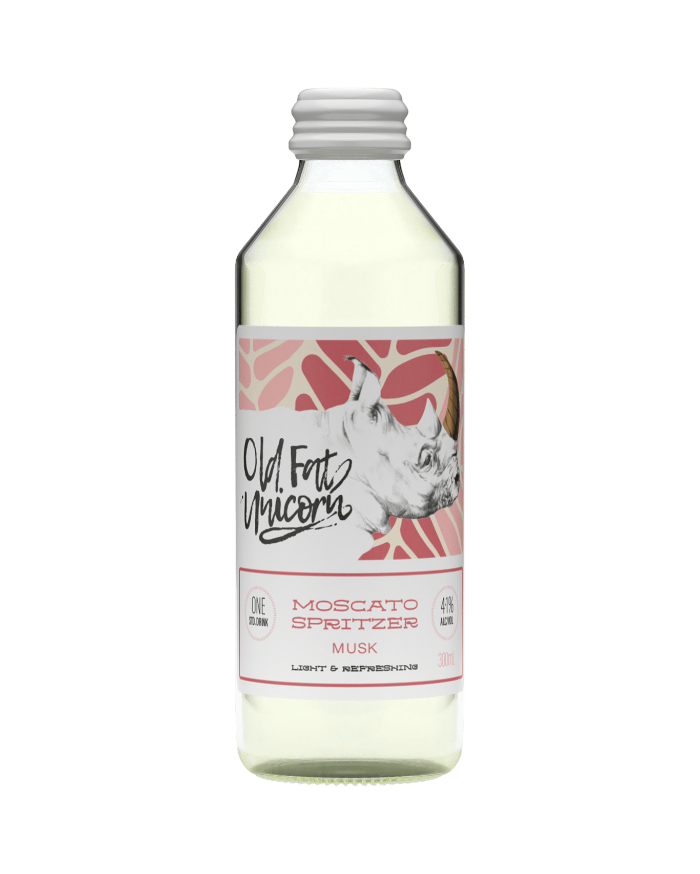 A single-serve bottle of Old Fat Unicorn Musk Moscato Spritzer