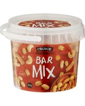  Crusoe Snacking Co. Bar Mix<br>Tub 350g  350g The Crusoe Snacking Co is the perfect snack for the perfect occasion. Enjoy the delicious taste of your favourite nuts, mixed with soy crisps and roasted corn. Perfect for entertaining at home and with a refreshing beverage to complement.
