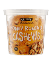  Crusoe Snacking Co. Honey<br>Roasted Cashews... 250g Enjoy the rich honey taste on these premium selected and roasted cashews by Crusoe Snacking Co. Perfect for entertaining at home with a nice refreshing beverage to complement.