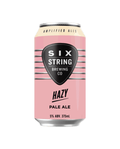  Six String Brewing Hazy Pale<br>Ale Cans 375ml  375ML Six String Brewing Co Hazy Pale Al Hazy Pale Ale is smooth and lush. Bursting with the perfect harmony of Cashmere, El Dorado, and Nelson Sauvin hops, it is a symphony of peach, melon and citrus.