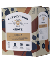  Cottonwood Grove Shiraz Cask<br>4l  4L Cottonwood Grove range of wines are a tribute to the pioneering spirit of Australian farming. Fresh, fruity and fragrant, these wines are lush and smooth on the palate. Vibrant characters of ripe plums and cherries. Vanilla oak and soft tannins on the palate leave a smooth finish.