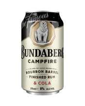 Bundaberg Campfire Bourbon<br>Barrel Finished... 375ML The fire is crackling now. Late afternoon light bounces around like the convo you and your mates are having. Real mates. A can of Bundaberg Campfire and Cola sits ice cold in your esky just itching to be fished out. This one tastes different cause it's made different - crafted from our finest aged reserves blended with rum allowed to rest in Bourbon barrels then mixed with our finest cola. You can thank those Bourbon barrels for the smooth, mellow taste and perfect balance of toasted caramel an