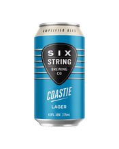Six String Brewing Co.<br>Coastie Lager Cans... 375ML An Easy drinking classic Australian Pale Lager. Made from 100% Australian pale malt the Coastie Pale Lager is an unfiltered crisp and refreshing beer. Coastie is light on body to allow the Australian hops and malt to shine through. The Lager is late hopped to add an extra aromatic character to what is a clean, simple style.