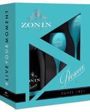  Zonin Prosecco Cuvee 1921<br>Gift Pack With... 750mL Fruity and aromatic on the nose, with hints of white flowers and apple. Very balanced and appealing on the palate with the delicate almond notes typical of Prosecco. Gift pack includes one bottle of Prosecco and two Zonin plastic flutes, great for summer entertaining.