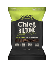  Chief Nutrition Chipotle<br>Lime Biltong 30g  30G When you want a clean snack to satisfy your savoury cravings, you'll love our biltong. Just like slow cooking is better than zapping in a microwave, we slow air dry our beef which means it's naturally more tender and healthier than jerky. Free from all the nasty stuff you usually find in dried and cured meats, very low in sugar and taste the difference with organic, grass-fed and grass-finished Aussie beef. Being organic and grass-fed means our beef is free from things you might be trying to avo