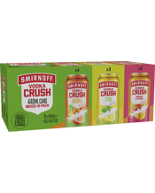 Smirnoff Vodka Crush Mixed<br>Pack 6% Cans... 440ML Choosing’s overrated anyway. With 3 flavours all in one pack, pick up all your faves and none of the FOMO. Smirnoff Vodka Crush 6 percent ABV in BIG 440ml cans. Made with the World’s number 1 Vodka.This Mixed 10 Pack includes Lemon Lime, Mango Peach and Orange Pineapple Smirnoff Vodka Crush flavours.