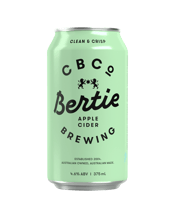  Cbco Brewing Bertie Apple<br>Cider Cans 375ml  375mL The home of Bertie Cider is in Bertie Street Melbourne, in the very same building that once produced that staple of showbags across Australia, the Bertie Beetle chocolate treat. The cider uses only Victorian apples, which are hand-picked and cold pressed to create a crisp, delicious apple cider that’s small on sugar but big on taste.