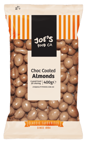  Joe's Choc Coated Almonds<br>400g  400G Joe's Chocolate Coated Almonds are whole roasted and dipped in layers of real milk chocolate, these moreish bites are just what you need to appease any sweet tooth. The ideal crowd pleaser for any occasion.&nbsp;