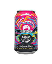  Mountain Culture Garage<br>Project Majestic... 355ML This super juicy hazy IPA was brewed with our best mates across the ditch, Garage Project. Hand-selected Peacherine, NZ Cascade, and Riwaka hops from the majestic Nelson Lakes create perhaps the freshest and punchiest hazy IPA in the world!