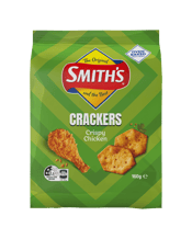  Smiths Crackers Chicken 160<br>G  160G Introducing new Smiths crackers, deliciously oven baked crunchy crackers with iconic Smiths flavours.<br /><br />Aussies know and love made from Australian grown wheat, cut into bite sized pieces and then oven baked to a crispy&nbsp;<br /><br />golden brown perfection. The new ultimate crunchy crowd pleaser thats perfect for sharing.