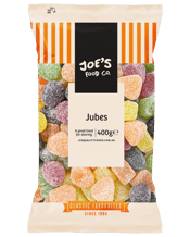  Jc's Jubes 400g  400G Joe's Food Co Jubes 400g are deliciously fun, fruity jelly cubes bursting with flavour. Soft, chewy, and perfect for sharing, this generous 400g pack is ideal for parties, events, or keeping the pantry stocked with a sweet treat everyone will love.