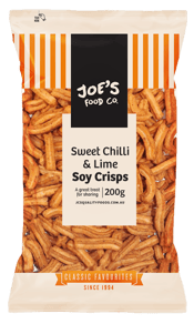  Joe's Joe's Food Co. Sweet<br>Chilli And Lime Soy... 200G Deliciously Sweet Chilli Lime Soy Crisps are the perfect balance of zesty and bold. Light and crunchy, these crispy soy snacks are coated in a vibrant blend of sweet chilli heat and refreshing lime tang. Packed with flavour in every bite, they’re a deliciously moreish snack for any time of day. These are great for entertaining, as a lunchbox filler or a pantry filler for those times you’re feeling a little snacky.