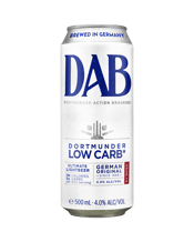 Dab Dormunder Low Carb Can<br>500ml 500ML Crafted with over 150 years of German brewing expertise, DAB Low Carb delivers full refreshment with a lighter profile. Brewed in Dortmund, Germany, this easy-drinking lager is low in carbohydrates and calories, with 4.0% ABV, making it the ideal choice for relaxed occasions, watching the game, or firing up the BBQ with friends. Pouring a bright pale gold, DAB Low Carb offers subtle aromas of citrus, noble hops and light malt. The palate is crisp and balanced, with a clean, refreshing finish tha