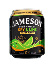  Jameson Dry & Lime Ultra<br>Blend Can 250ml  250ML It’s a double pour of Jameson with just the right splash of dry ginger and lime. Jameson Dry Lime 10% is a bold twist on the classic mix smooth Irish whiskey, crisp refreshment, and a satisfying citrus edge. Enjoy it chilled straight from the can or poured over ice.