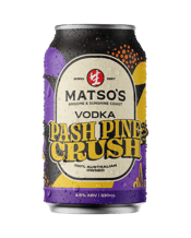  Matso's Vodka Pash Pine<br>Crush Cans 330ml  330ML Matso’s Vodka Pash Pine Crush is the newest addition to the Crush family – a tropical twist on a much-loved favourite. Expertly handcrafted with premium vodka, real passionfruit and pineapple, it delivers bold, sweet, nostalgic flavour that’s perfectly sessionable and refreshing. Like all Matso’s products, Pash Pine Crush is crafted to beat the heat and deliver the ultimate refreshment. Gluten Free and Vegan Friendly