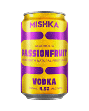  Mishka Vodka Passionfruit<br>Cans 330ml  330ML Vibrant and punchy passionfruit flavour combined with smooth 5 times distilled Mishka vodka to create a crisp sparkling drink that is full-flavoured, fruity and refreshing. Produced by or on behalf of Pinnacle Drinks, part of Endeavour Group Limited.