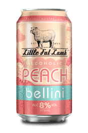  Little Fat Lamb Peach<br>Bellini Cans 375ml... 375ML Little Fat Lamb Peach Bellini hits with juicy, ripe peach and a burst of bubbly sweetness. Bright, fruity and ridiculously refreshing, with a smooth, mouth-watering finish that keeps you coming back for another sip.