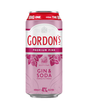 Gordon's Premium Pink Gin &<br>Soda Cans 440ml 440ML Gordon's Premium Pink Gin and Soda is a pre-mixed alcoholic drink combining Gordon's Premium Pink Gin with carbonated water and natural flavours. Each can contains 440mL and is labelled at 4percent alcohol by volume ALC-VOL. The gin component is listed as 10percent of the mix, with added sugar, food acids 330, 331, preservative 211, and added colours 129, 155, 151. The can is marked as approximately 1.4 standard drinks. A pregnancy warning is displayed on pack: alcohol can cause lifelong harm to