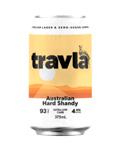  Travla Australian Hard<br>Shandy Cans 375ml  375ML The travla Australian Hard Shandy 4% takes a nostalgic Aussie favourite and gives it a little oomph. It’s full strength travla lager with zero-sugar lemonade - low in calories, crisp and refreshing.