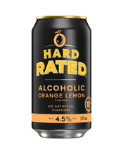  Hard Rated Orange Lemon Cans<br>375ml  375ML Meet Hard Rated Alcoholic Orange Lemon. Hard Rated's latest full sugar flavour, with a blend of juicy orange and zesty lemon, delivering a new refreshing flavour at 4.5% ABV. Exclusively available at BWS and Dan Murphy's.