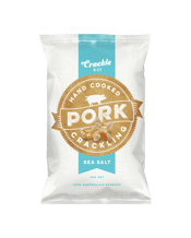 Crackle & Co. Sea Salt Pork<br>Crackling 30g  30g Crackle & Co. Sea Salt Pork Crackling is lightly flavoured with Olsson solar sea salt, there's no hiding the more-ish taste of natural crackling with classic Sea Salt flavour. If you appreciate the simple things, you'll welcome this all Australian snack that's made lovingly with just three ingredients.