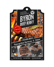  Byron Beef Jerky Chargrill<br>40g  40G No, not sweet BBQ, real Char Grilled experience. You know how good a home made beef Pattie that is filled with onion and fresh herbs tastes after it has been flame grilled over a wood fire? It’s that good, and ready now, no need to fire up the Barbie. Byron Jerky make good beef better.