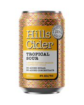 The Hills Cider Company<br>Tropical Sour... 375mL This cider displays a perfect balance of handpicked Adelaide Hills apples co- fermented with Queensland mango & pineapple. Carefully crafted to display qualities of a traditional ‘sour’ with apple sweetness on the back palate, reinforced by the depth of tropical flavours that only fresh Queensland pineapples and mangoes can deliver. The apples provide great structure and a solid acid backbone. The introduction of pineapple and mango lush out this cider with great mouthful, depth and a tropical c