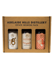  Adelaide Hills Distillery<br>Estate Negroni... 600ML Craft your own Adelaide Hills Distillery’s Estate Negroni at home. We all know how delicious Negronis are, now you can buy the AHD MINI Estate Negroni Pack for the perfect Negroni. The pack includes MINI 200mL bottles of the award winning 78˚ Gin, The Bitter Orange &amp; a bottle of Rosso Vermouth.
