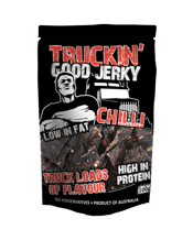  Truckin' Good Jerky Chilli<br>100g  100G This is Truckin' Good Jerky. An original steak jerky recipe with some real chilli that delivers on flavour and texture, our jerky is to die for. High in Protein, Low in Fat, No Preservatives, this is a snack a cut above the rest.