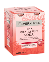  Fever Tree Pink Grapefruit<br>Cans 4x250ml  250ML Made with real juice from handpicked pink Florida grapefruits. An impressive upfront burst of fresh grapefruit carefully balanced with soft pink grapefruit floral notes. The perfect levels of carbonation and real juice content provide a rounded base which complements the best premium tequilas and vodkas for a refreshing, light spritz.