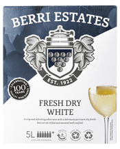  Berri Estates Fresh Dry<br>White Cask 5l  5L The Berri Estates Fresh Dry White is an easy drinking wine with flavours of tropical fruits and fresh peaches. The wine has a soft palate, with delicate fruit sweetness, and a crisp finish. Perfect for a quiet night in!