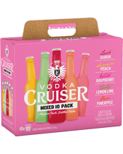 Vodka Cruiser Mixed 10 Pack<br>Bottles 275ml 275ML Love to mix and match your favourite Vodka Cruiser varieties but always find it hard to pick and choose? Well, here is the answer! Five of your favourite Cruiser flavours are available in one convenient 10 pack that contains: 2 x Wild Raspberry, 2 x Pure Pineapple, 2 x Lush Guava, 2 x Summer Peach and 2 x Zesty Lemon-Lime.