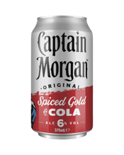  Captain Morgan Original<br>Spiced Gold & Cola... 375ML A secret recipe of adventurous spice &amp; natural flavours that are expertly blended with fine Caribbean rum – then aged in charred white oak barrels to create a taste and colour as rich as a pocketful of gold doubloons, perfectly mixed with cola. Just pour over ice and add a wedge of lime.