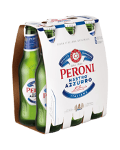 Peroni Nastro Azzurro<br>Bottles 330ml 330mL A crisp and refreshing beer with a delicate balance of bitterness, citrus and spicy aromatic notes, completed with a fast, clean finish. Peroni Nastro Azzurro was born in Rome in 1963 with the purpose of bringing effortless Italian style to the world of beer and uses only the finest ingredients, including the proprietary Nostrano Dell’ Isola maize, to deliver a crisp and refreshing beer with a delicate balance of bitterness, citrus and spicy aromatic notes, combined with a surprisingly fast and