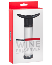  Bar Station Wine Preserver<br>Vacuum Pump  1EA Designed to preserve the flavour of your wine, this vacuum pump slows oxidation by extracting air from opened bottles. Includes two reusable rubber stoppers. directions: just cap your bottle with one of the stoppers, then use the pump to create an airtight seal. remove pump leaving stopper in bottle. stand bottle upright.
