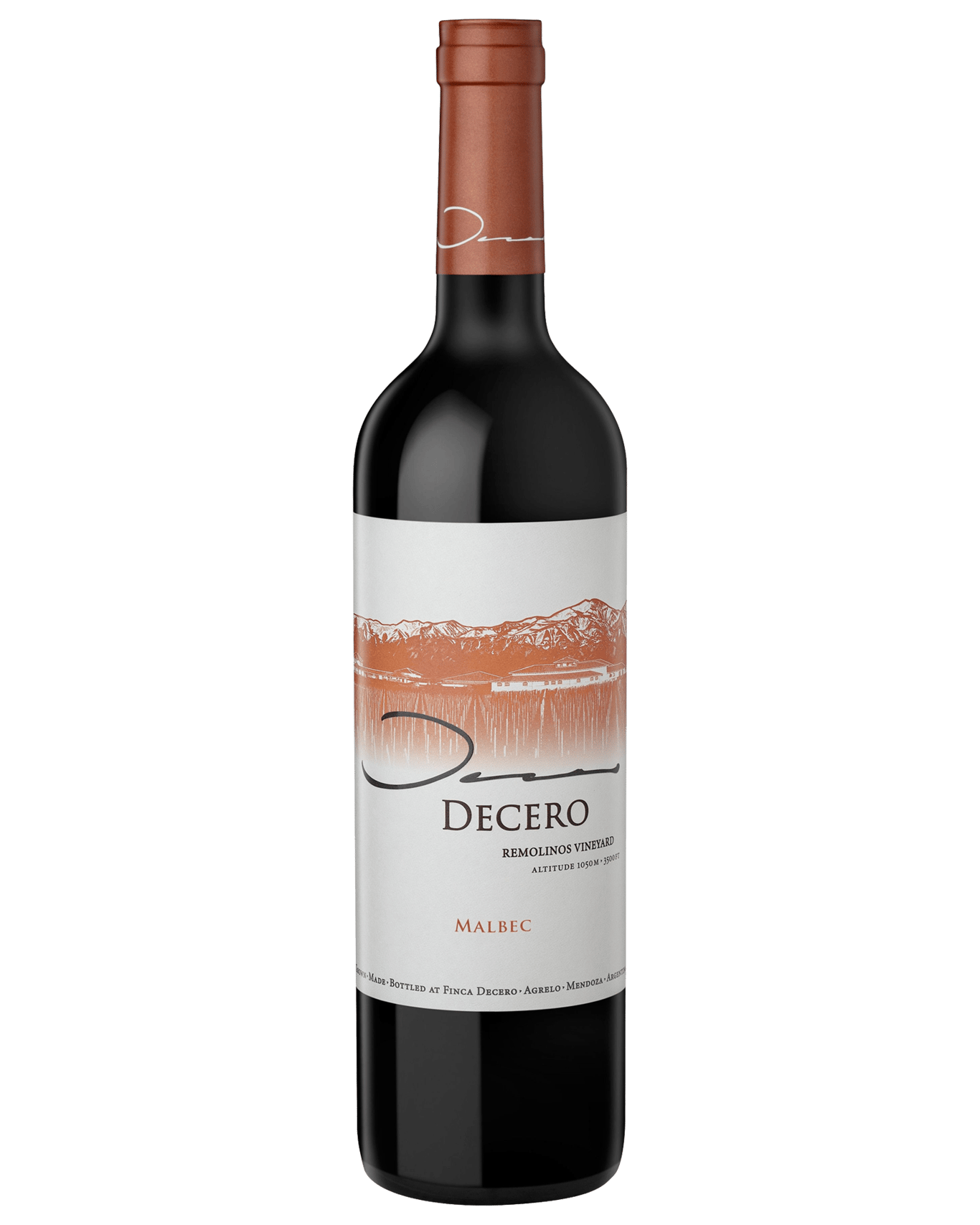 A bottle of the Decero Malbec Remolinos Vineyard