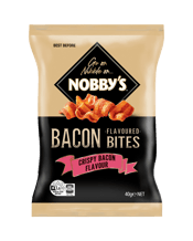  Nobby's Bacon Bites 40g  40g These succulent crispy bacon flavoured bites make the perfect full flavoured snack for any occasion! Go on Nibble on... Nobby's Bacon Flavoured Bites.