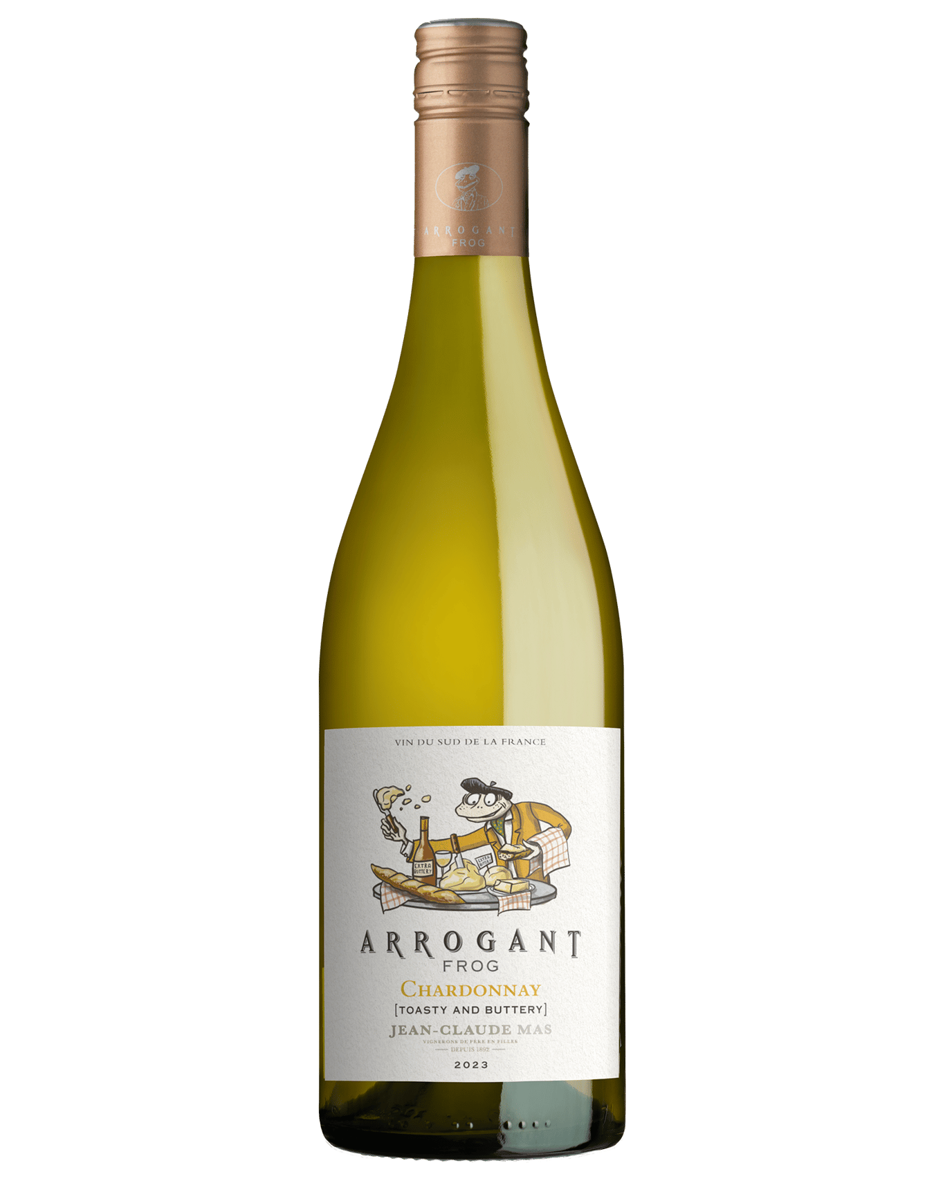 A bottle of the Arrogant Frog Chardonnay