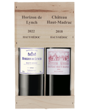  Château Haut Madrac Wooden<br>Twin-pack  750ML An attractive wooden twin-pack case showcasing two classic Bordeaux blends:<br />2018 Chateau Haut Madrac is a Cru Bourgeois in the Haut Médoc. A blend of 58% Cabernet Sauvignon and 42% Merlot, it is an elegant yet powerful example claret with depth of flavour.<br />2022 Horizon de Lynch is a blend of 60% Cabernet Sauvignon and 40% Merlot. Intense purple in colour, with aromas of toasty cedar, dark plums, and liquorice. Fine tannins round out the silky finish - a great example of a modern and hi