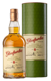  Glenfarclas 8 Year Old<br>Single Malt Scotch... 700mL Meaning 'Glen of the green grassland', Glenfarclas has an enviable reputation amongst Whisky lovers around the world. The 8 Year Old is vibrant and straw gold in colour, with fresh, sappy aromas of honey, almonds and butterscotch. A firm palate is maryied with a mild smokiness and a delicious malty, butterscotch finish.